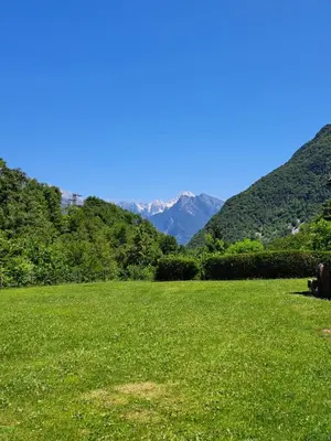 a field of green grass with mountains in the background at Pri Ani Ruscovi in Bovec