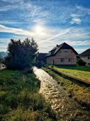 a dirt road next to a house in a field at Creekside House K in Mozirje