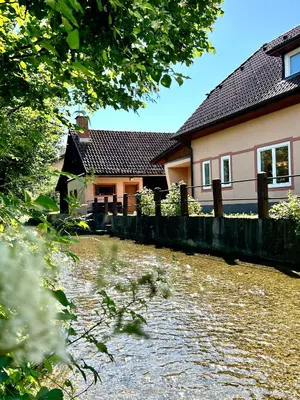 a house with a pond in front of a house at Creekside House K in Mozirje