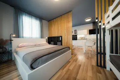 a bedroom with a large bed and a kitchen at Cosy apartment in Divača