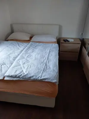 a bedroom with a bed and two night stands at Apartma Mira in Zgornje Škofije