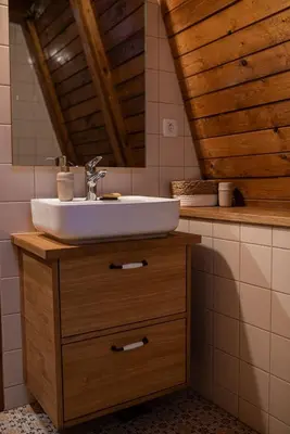 a bathroom with a sink and a mirror at Cosy countryside cottage with indoor fireplace in Sodražica