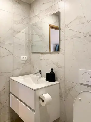 a white bathroom with a sink and a mirror at Lodge Pia in Bled