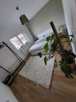 a bedroom with a bed and a plant on the floor at Under The Castle in Dob