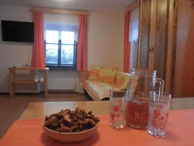 a living room with a bowl of food on a table at Apartments Čumar in Cerkno