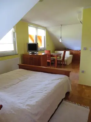 a bedroom with a bed and a table with a television at Country House Apat in Šoštanj