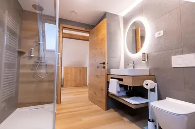 a bathroom with a sink and a toilet and a shower at Boutique Hotel Vila Loka in Škofja Loka