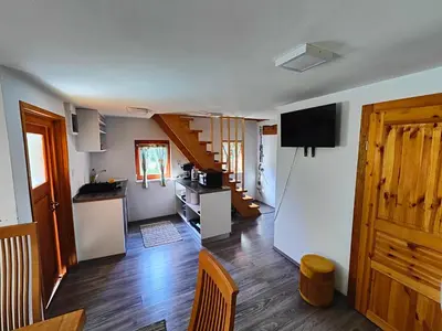 a kitchen and a living room with a refrigerator at Holiday Home Sveti Martin in Kobilje