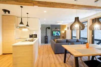 a kitchen and living room with a couch and a table at Apartments Pri Fencu in Jesenice