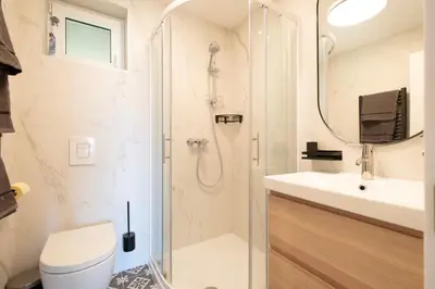 a bathroom with a shower and a toilet and a sink at Apartments Pri Fencu in Jesenice