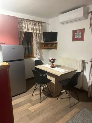 a kitchen with a table and chairs and a refrigerator at Apartma pr' Gamilcu in Tolmin