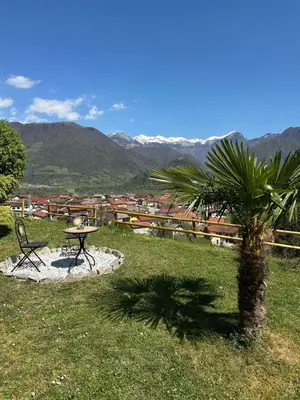 a table and a chair in a field with a palm tree at Apartma pr' Gamilcu in Tolmin
