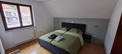 a bedroom with a bed with green sheets and a window at Hisa Haasberg in Planina