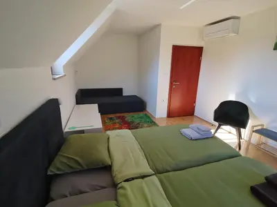 a bedroom with a green bed and a black chair at Hisa Haasberg in Planina