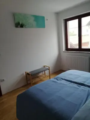 a bedroom with a bed and a chair and a window at Hisa Haasberg in Planina