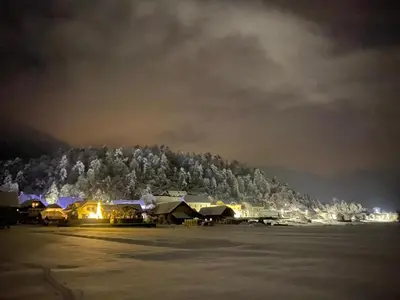 a group of buildings at night with snow covered trees at Hisa Haasberg in Planina