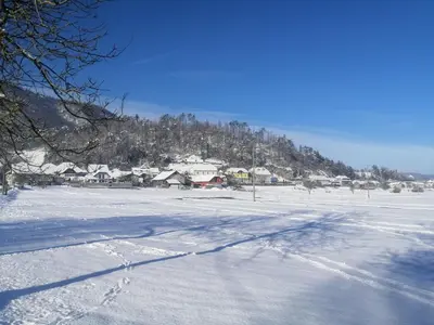 a snow covered field with houses and a mountain at Hisa Haasberg in Planina