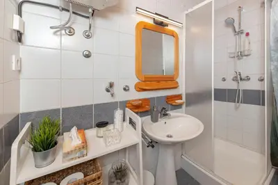 a bathroom with a sink and a shower and a mirror at Apartma Alpine Space, Kranjska Gora - Center in Kranjska Gora