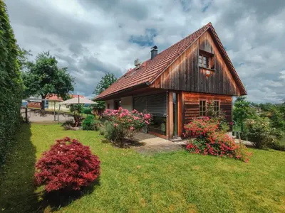 a wooden house with flowers in the yard at Old Taylor's house in Gradac