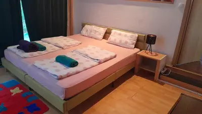 a bedroom with a bed with two pillows on it at Fairytale Wooden house by Ljubljana in Grosuplje