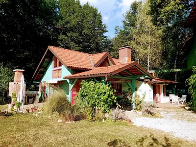 a green house with a red roof at Fairytale Wooden house by Ljubljana in Grosuplje
