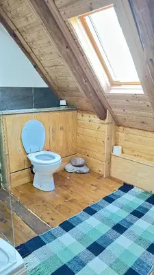 a bathroom with a toilet in a wooden house at Hisa Luciano for 5 near Bovec in Bovec