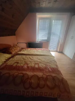 a bedroom with a bed in a room with two windows at Rooms MARETČ in Bohinj
