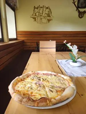 a pizza sitting on top of a wooden table at Rooms MARETČ in Bohinj