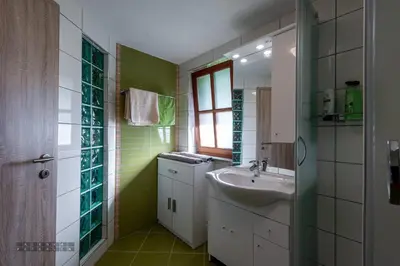 a green and white bathroom with a sink and a mirror at Zidan'ca Rošel in Dolenjske Toplice