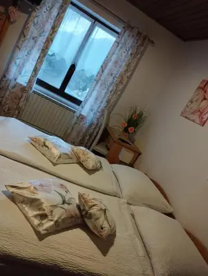 two beds in a bedroom with a window at Guest House Kmečki Hram FORTUNA in Idrija