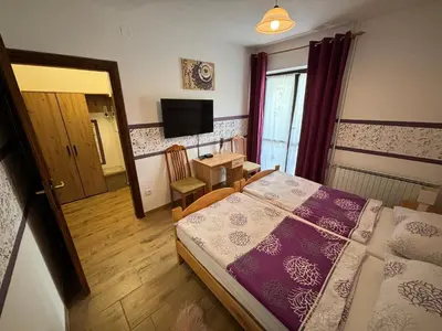 a bedroom with a bed and a table and a television at Guest House Kmečki Hram FORTUNA in Idrija