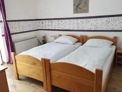 a bedroom with two beds with white sheets at Guest House Kmečki Hram FORTUNA in Idrija