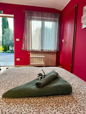 a bedroom with a large bed with red walls at Studio Apartma Olive, Nova Gorica, Slovenia in Nova Gorica