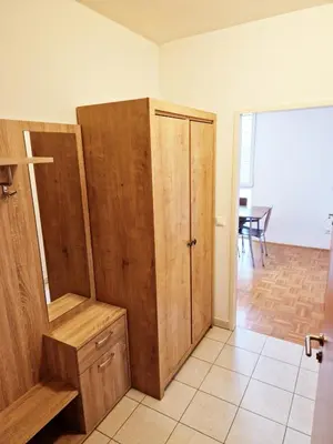 a room with a wooden cabinet and a table at Apartments and Studios Perunika in Moravske Toplice