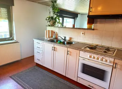 a kitchen with a sink and a stove at Homestay Zajec in Grosuplje