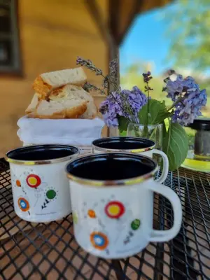 two coffee cups sitting on a table with bread and flowers at Pig barn - Svinjaki in Krasinec