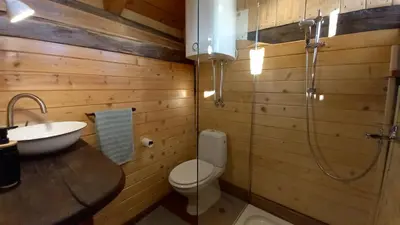 a bathroom with a toilet and a sink and a shower at Pig barn - Svinjaki in Krasinec