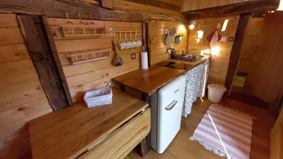 an overhead view of a kitchen in a log cabin at Pig barn - Svinjaki in Krasinec