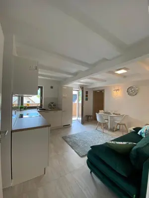 a living room with a green couch and a kitchen at Mountain view in Bohinj in Bohinj