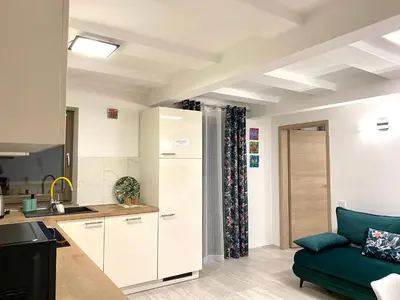 a kitchen and living room with a green couch at Mountain view in Bohinj in Bohinj