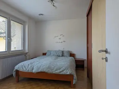 a bedroom with a bed in a white room at Domen's cozy rentals in Kranj