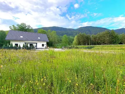 a house in the middle of a field of grass at Riverside Apartma 1, Kranjska Gora in Kranjska Gora