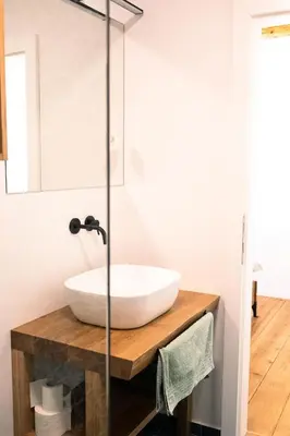 a bathroom with a white sink on a wooden counter at Kotič na hribu in Dobravlje