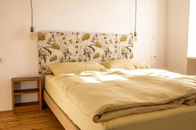 an unmade bed in a bedroom with a curtain at Kotič na hribu in Dobravlje