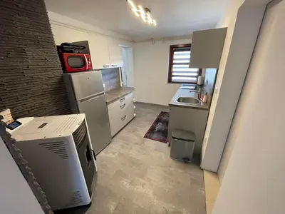 a small kitchen with a refrigerator and a sink at Apartma Devs in Kranjska Gora