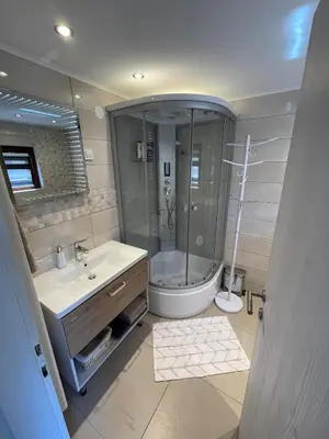 a bathroom with a shower and a sink and a toilet at Apartma Devs in Kranjska Gora