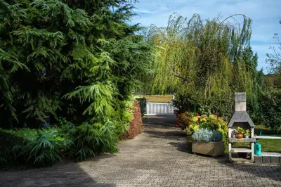 a garden with a pathway with flowers and trees at Apartma Maka in Maribor