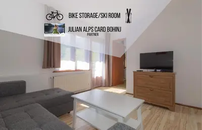 a living room with a couch and a tv at Nad tunelom apartment Bohinj in Bohinj