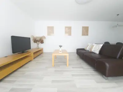 a living room with a black couch and a tv at Harmony House Velenje in Velenje