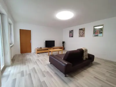 a living room with a couch and a television at Harmony House Velenje in Velenje